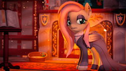 Size: 5120x2880 | Tagged: safe, artist:silkworm205, derpibooru import, part of a set, discord, fluttershy, pegasus, series:silkworm205's weekly artwork 2024, g4, 3d, angry, black eyeshadow, black lipstick, book, clothes, colored eyebrows, colored wings, colored wingtips, download at source, downloadable, dress, ear piercing, earring, eyeshadow, female, fire, fireplace, fluffy hair, fluffy mane, fluttergoth, folded wings, gothic, jewelry, lipstick, looking at you, makeup, piercing, scowl, shield, shirt, shoes, size difference, solo, source filmmaker, source filmmaker resource, wings