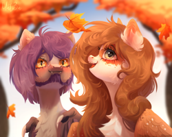 Size: 2500x2000 | Tagged: safe, artist:unt3n, derpibooru import, oc, oc only, oc:lavender, oc:mabel, bat pony, pegasus, pony, autumn, bust, cheek fluff, chest fluff, commission, duo, duo male and female, ear fluff, ear tufts, ears, eyelashes, facial hair, female, high res, leaf, leaves, male, mare, pegasus oc, portrait, render, shading, signature