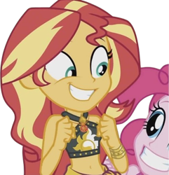 Size: 2425x2520 | Tagged: safe, derpibooru import, edit, edited screencap, editor:mrtoonlover83, screencap, pinkie pie, sunset shimmer, equestria girls, g4, background removed, duo, duo female, female, not a vector, smiling, solo, sunset shimmer swimsuit