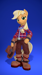 Size: 2160x3840 | Tagged: safe, artist:owlpirate, derpibooru import, applejack, earth pony, semi-anthro, g4, 3d, 4k, boots, clothes, cowboy boots, cowboy hat, female, gradient background, hat, hat off, high res, hoof hold, hoof on hip, lidded eyes, looking at you, mare, plaid shirt, shirt, shoes, smiling, smiling at you, solo, source filmmaker