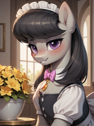 Size: 1496x2000 | Tagged: safe, ai content, derpibooru import, generator:pony diffusion v6 xl, generator:stable diffusion, machine learning generated, octavia melody, earth pony, pony, g4, blush lines, blushing, clothes, ear fluff, ears, female, flower, indoors, jewelry, looking at you, maid, maid headdress, mare, necklace, prompter:lager ai, smiling, smiling at you, solo