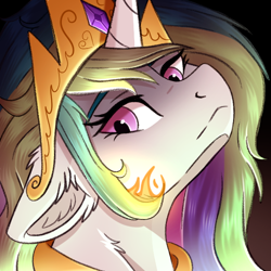 Size: 600x600 | Tagged: safe, artist:decemberbreeze, derpibooru import, princess celestia, alicorn, pony, angry, bust, crown, ears back, female, fire, frown, jewelry, mare, portrait, ragelestia, regalia, solo, this will end in daybreaker