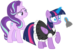 Size: 1280x893 | Tagged: safe, artist:kingdom-of-rp, derpibooru import, starlight glimmer, twilight sparkle, twilight sparkle (alicorn), alicorn, pony, unicorn, g4, clothes, duo, duo female, duster, female, glowing, glowing horn, happy trance, horn, hypnosis, hypnotized, maid, mare, simple background, smiling, smirk, transparent background