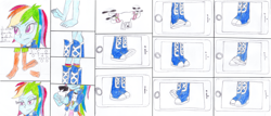 Size: 5883x2508 | Tagged: safe, artist:greenhood-station, derpibooru import, rainbow dash, scootaloo, human, equestria girls, g4, barefoot, boots, clothes, cropped, feet, foot tapping, high heel boots, jacket, putting on boots, shirt, shoes, skirt, socks, solo, tapping, vest