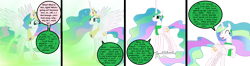 Size: 1280x337 | Tagged: safe, artist:kingdom-of-rp, derpibooru import, princess celestia, alicorn, pony, ^^, alternate eye color, clothes, comic, crown, ear piercing, earring, eyes closed, female, glowing light, happy trance, hoof on chest, hypnosis, hypnotized, jewelry, light, mare, master, offscreen character, open mouth, open smile, piercing, regalia, scarf, smiling, spread wings, startled, wings