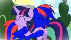 Size: 1803x1007 | Tagged: safe, artist:stephen-fisher, derpibooru import, twilight sparkle, twilight sparkle (alicorn), oc, oc:stephen (stephen-fisher), alicorn, pony, g4, butt, duo, duo male and female, eyes closed, female, hug, male, mare, plot