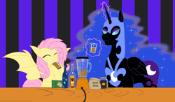 Size: 2420x1409 | Tagged: safe, artist:earthquake87, derpibooru import, fluttershy, nightmare moon, alicorn, bat pony, pony, apple cider, bag, bat ponified, blender (object), bottle, box, cheek bulge, concave belly, drink, drinking, drinking glass, ethereal mane, eyes closed, female, flutterbat, food, glass, glowing, glowing horn, height difference, helmet, horn, jar, magic, mare, race swap, simple background, spread wings, starry mane, starry tail, tail, telekinesis, wings