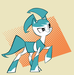 Size: 2826x2866 | Tagged: safe, artist:glacierclear, derpibooru import, oc, oc only, earth pony, pony, robot, robot pony, abstract background, coat markings, commission, concave belly, female, jenny wakeman, mare, my life as a teenage robot, pigtails, raised hoof, raised leg, slender, smiling, socks (coat marking), solo, tail, thin, twintails