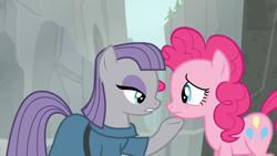 Size: 1920x1080 | Tagged: safe, derpibooru import, screencap, maud pie, pinkie pie, earth pony, pony, g4, rock solid friendship, duo, duo female, female, outdoors, siblings, sisters