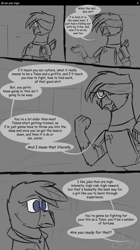 Size: 2200x3924 | Tagged: safe, artist:somber, derpibooru import, oc, oc only, oc:gaela, oc:sapphire horizons, griffon, comic:birds and caps, fallout equestria, comic, monochrome