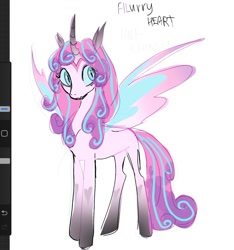 Size: 1394x1491 | Tagged: safe, artist:peachmichea, derpibooru import, princess flurry heart, alicorn, changeling, hybrid, pony, g4, art program in frame, colored, colored sketch, concave belly, curved horn, english, female, gradient horn, half changeling, horn, mare, sketch, slender, solo, standing, thin