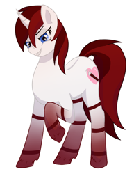 Size: 920x1190 | Tagged: safe, artist:av, derpibooru import, oc, oc only, oc:blood drop, pony, unicorn, bedroom eyes, blue eyes, gradient legs, horn, red hair, red mane, sharp teeth, simple background, solo, teeth, white background, white coat