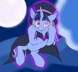 Size: 2560x2364 | Tagged: safe, artist:luxsimx, derpibooru import, oc, oc only, oc:flawless sparklemoon, pony, unicorn, cape, clothes, female, hat, horn, mare, moon, my little pony the movie: the death of twilight sparkle, night, solo