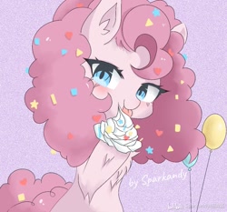 Size: 1125x1047 | Tagged: safe, artist:kandy78626, derpibooru import, pinkie pie, earth pony, pony, abstract background, bilibili, chest fluff, confetti in mane, cream, eating, female, licking, looking at you, mare, solo, text, tongue, tongue out