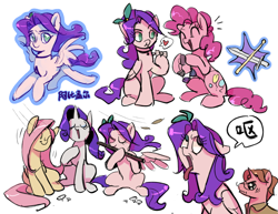 Size: 3300x2550 | Tagged: safe, artist:renjia254, derpibooru import, fluttershy, pinkie pie, rarity, earth pony, pegasus, pony, unicorn, abigail (stardew valley), bleh, choker, clothes, collared shirt, cross-popping veins, crossover, emanata, eyes closed, female, flute, glasses, heart, horn, jewelry, male, mare, musical instrument, necklace, not an oc, pierre (stardew valley), ponified, rock candy necklace, shirt, simple background, sitting, smiling, species swap, speech bubble, stallion, stardew valley, text, tongue, tongue out, white background