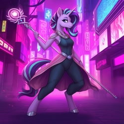 Size: 1024x1024 | Tagged: safe, ai content, derpibooru import, machine learning generated, starlight glimmer, anthro, unguligrade anthro, unicorn, city, clothes, female, generator:google imagen 3.0, horn, neon, neon sign, prompter:zerowinger, skirt, solo, staff