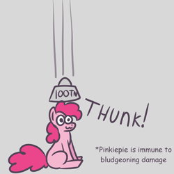 Size: 1500x1500 | Tagged: safe, artist:zoeyhorse, derpibooru import, pinkie pie, earth pony, pony, g4, abuse, cartoon physics, cartoon violence, cute, diapinkes, female, gray background, mare, missing cutie mark, no thoughts head empty, pinkie being pinkie, pinkie physics, pinkiebuse, simple background, sitting, solo, text, weights