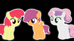 Size: 1200x666 | Tagged: safe, artist:harriet0105, derpibooru import, apple bloom, scootaloo, sweetie belle, earth pony, pegasus, pony, unicorn, black background, cutie mark crusaders, female, filly, foal, horn, outline, simple background, trio, trio female, white outline