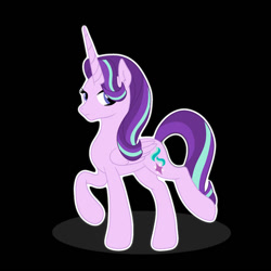 Size: 894x894 | Tagged: safe, artist:harriet0105, derpibooru import, starlight glimmer, alicorn, pony, alicornified, bipedal, black background, female, horn, long horn, mare, outline, race swap, simple background, slender, solo, starlicorn, thin, white outline