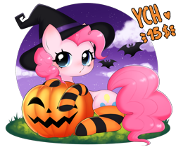 Size: 1340x1181 | Tagged: safe, artist:arwencuack, derpibooru import, pinkie pie, advertisement, clothes, commission, commission open, feral, halloween, halloween 2024, hat, holiday, outdoors, socks, solo, striped socks, wish, witch hat, ych example, your character here