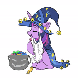 Size: 2186x2177 | Tagged: safe, artist:opalacorn, derpibooru import, twilight sparkle, unicorn twilight, pony, unicorn, g4, candy, clothes, costume, cute, eating, fake beard, female, food, horn, inktober, inktober 2024, mare, nightmare night costume, simple background, sitting, solo, star swirl the bearded costume, twiabetes, white background