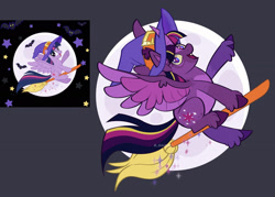 Size: 2535x1811 | Tagged: safe, artist:_shummy_, derpibooru import, twilight sparkle, twilight sparkle (alicorn), alicorn, pony, g4, broom, colored belly, ear tufts, fangs, female, flying, flying broomstick, full moon, gray background, hat, mare, moon, open mouth, open smile, simple background, smiling, solo, spread wings, unshorn fetlocks, wings, witch hat