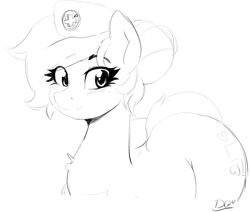 Size: 1989x1686 | Tagged: safe, artist:thelunarmoon, derpibooru import, nurse redheart, earth pony, pony, g4, butt, female, grayscale, looking at you, mare, monochrome, nurse redbutt, signature, simple background, sketch, smiling, smiling at you, solo, white background