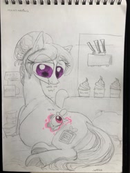 Size: 3024x4032 | Tagged: safe, artist:ja0822ck, derpibooru import, oc, oc:bundle joy, earth pony, pony, belly, big belly, butt, coffee machine, coffee mug, commission, cup, cute, dialogue, dishes, female, foal, food, ice cream, looking at self, looking at someone, lying down, magic, magic aura, mare, mug, on side, photo, pillow, plot, pregnant, text, traditional art