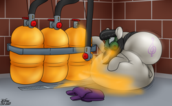 Size: 2736x1692 | Tagged: safe, artist:the-furry-railfan, derpibooru import, octavia melody, earth pony, pegasus, accident, air tank, bag, belly, belly bed, big belly, butt, butt expansion, clothes, duo, eyes closed, gas mask, growth, huge belly, huge butt, implied oc, impossibly large belly, indoors, inflatable, inflation, large butt, mask, offscreen character, p 235, saddle bag, scarf, solo, squishy, striped scarf, wide hips