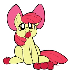 Size: 780x831 | Tagged: safe, artist:puggiepuppy, derpibooru import, apple bloom, earth pony, pony, adorabloom, apple, apple bloom's bow, bow, cute, eating, female, filly, foal, food, hair bow, looking at you, mouth hold, simple background, sitting, solo, stuffing, text, white background