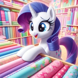 Size: 1024x1024 | Tagged: safe, ai content, derpibooru import, generator:bing image creator, generator:dall-e 3, machine learning generated, rarity, unicorn, g4, alternate cutie mark, fabric, female, horn, indoors, prompter:heydude5321, solo, store