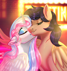 Size: 1100x1164 | Tagged: safe, artist:ondrea, derpibooru import, oc, oc:blitz strafe, oc:pupcake, alicorn, pegasus, alicorn oc, blue eyeshadow, couple, cute, duo, duo male and female, eyes closed, eyeshadow, female, horn, kiss on the cheek, kissing, makeup, male, mare, pegasus oc, shipping, stallion, straight, wings