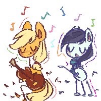 Size: 200x200 | Tagged: safe, artist:tieb5, derpibooru import, applejack, coloratura, pony, duo, duo female, female, guitar, music notes, musical instrument, rara, simple background, white background