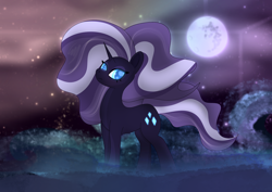 Size: 3508x2480 | Tagged: safe, artist:knife smile, derpibooru import, nightmare rarity, pony, unicorn, g4, blue eyes, crepuscular rays, ethereal mane, ethereal tail, female, flowing mane, flowing tail, horn, looking at you, mare, moonlight, night, ocean, solo, sparkles, standing, starry mane, starry tail, stars, tail, walking, water