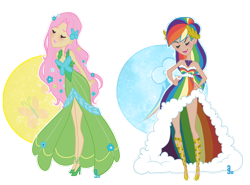 Size: 1016x752 | Tagged: safe, artist:dahli-lama, artist:dess-arts, derpibooru import, fluttershy, rainbow dash, human, g4, arm behind back, clothes, dress, duo, duo female, eyes closed, female, gala dress, hand on hip, high heels, humanized, shoes, simple background, transparent background