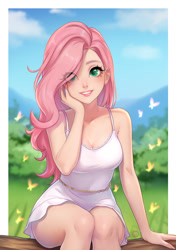 Size: 1043x1480 | Tagged: safe, artist:murr000, derpibooru import, fluttershy, butterfly, human, bare shoulders, breasts, cleavage, clothes, dress, eye clipping through hair, female, hand on face, humanized, looking at you, outdoors, schrödinger's pantsu, sitting, smiling, smiling at you, solo