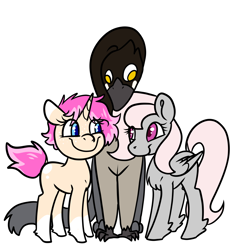 Size: 2800x3000 | Tagged: safe, artist:katyusha, derpibooru import, oc, oc only, oc:busker, oc:eris, oc:violet, bird, goose, griffon, hybrid, pegasus, pony, unicorn, horn, hybrid oc, simple background, trio, white background