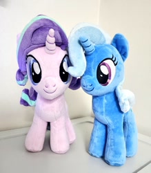 Size: 898x1024 | Tagged: safe, derpibooru import, starlight glimmer, trixie, pony, unicorn, duo, duo female, female, horn, irl, mare, photo, plushie, smiling