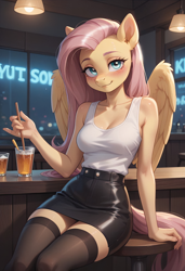 Size: 1664x2432 | Tagged: safe, ai content, derpibooru import, generator:pony diffusion v6 xl, generator:stable diffusion, machine learning generated, fluttershy, anthro, unguligrade anthro, g4, alcohol, blushing, breasts, clothes, club, drink, female, hootershy, indoors, leather, leather skirt, looking at you, prompter:foylertf, seductive look, sitting, skirt, socks, solo, stockings, stupid sexy fluttershy, tanktop, thigh highs