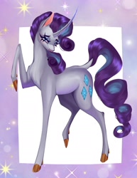 Size: 1700x2200 | Tagged: safe, artist:succulentusgirl, derpibooru import, rarity, pony, unicorn, cloven hooves, colored hooves, curved horn, female, gold hooves, hooves, horn, long horn, long legs, mare, raised hoof, raised leg, solo