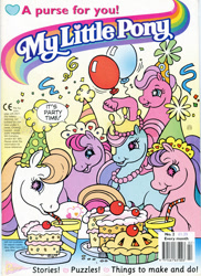 Size: 700x964 | Tagged: safe, derpibooru import, ivy, light heart, sundance (g2), sweet berry, earth pony, pony, g2, balloon, barcode, birthday party, cake, comic cover, confetti, core four, cover, cover art, cup, drink, drinking, drinking straw, female, food, group, hat, mare, morning glory (g2), my little pony logo, my little pony vol. 2, my little pony vol. 2 #2, official comic, open mouth, open smile, party, party hat, pie, raised hoof, raised leg, redan, smiling, starry eyes, streamers, tail, unshorn fetlocks, wingding eyes