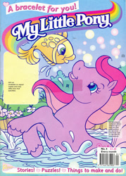 Size: 995x1389 | Tagged: safe, derpibooru import, sweet berry, earth pony, fish, pony, g2, barcode, comic cover, cover, cover art, female, flower, grass, looking at each other, looking at someone, looking up, mare, my little pony logo, my little pony vol. 2, my little pony vol. 2 #4, official comic, outdoors, partially submerged, redan, smiling, splash, starry eyes, swimming, tail, unshorn fetlocks, water, wingding eyes