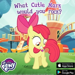 Size: 1080x1080 | Tagged: safe, derpibooru import, apple bloom, earth pony, pony, cutie mark, female, filly, foal, gameloft, grin, looking at butt, looking at cutie mark, outdoors, smiling