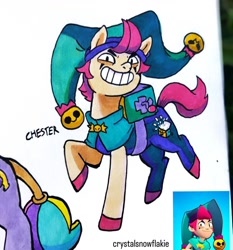 Size: 1080x1159 | Tagged: safe, artist:crystalsnowflakie, derpibooru import, part of a set, earth pony, pony, box, brawl stars, brawler, chester, chester (brawl stars), hat, jester hat, jester outfit, male, ponified, smiling, species swap, stallion, supercell