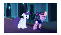 Size: 1200x696 | Tagged: safe, derpibooru import, edit, rarity, twilight sparkle, alicorn, pony, unicorn, g4, season 5, the cutie re-mark, alicornified, armor, duo, duo female, female, horn, passepartout, race swap, raricorn, role reversal, scene interpretation