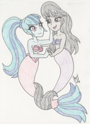 Size: 1012x1400 | Tagged: safe, artist:bageloftime, derpibooru import, octavia melody, sonata dusk, mermaid, equestria girls, g4, bra, commission, cute, daaaaaaaaaaaw, duo, eyeshadow, female, hand on cheek, heartwarming, holding hands, lesbian, lidded eyes, looking at each other, looking at someone, makeup, mermaidized, open mouth, open smile, seashell, seashell bra, shipping, smiling, smiling at each other, sonatabetes, sontavia, species swap, tavibetes, underwear, wholesome