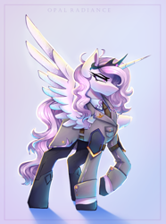 Size: 2229x3000 | Tagged: safe, artist:opal_radiance, derpibooru import, oc, oc only, oc:iron glamour, alicorn, pony, gradient background, paratrooper, solo