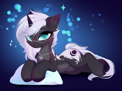 Size: 4248x3163 | Tagged: safe, artist:empress-twilight, derpibooru import, oc, oc only, oc:penumbra shard, pony, unicorn, amulet, belly, blushing, chaos star, cheek fluff, chest fluff, commission, commissioner:sfaccountant, ear fluff, ears, eye clipping through hair, eyebrows, eyebrows visible through hair, fangs, female, glasses, gradient background, horn, jewelry, looking at you, mare, necklace, pillow, smiling, smiling at you, solo, sparkles, unicorn oc, ych result