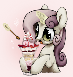 Size: 2028x2140 | Tagged: safe, artist:brainr0tter, derpibooru import, sweetie belle, pony, unicorn, chocolate, cute, diasweetes, excited, food, fruit, glass, gradient background, horn, ice cream, magic, parfait, smiling, solo, spoon, strawberry, telekinesis, whipped cream