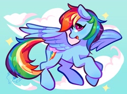 Size: 3040x2266 | Tagged: safe, artist:puppsicle, derpibooru import, rainbow dash, pegasus, pony, g4, abstract background, blue background, cel shading, cloud, cyan background, digital art, female, flying, full body, mare, multicolored hair, open mouth, outdoors, rainbow hair, shading, simple background, solo, spread wings, wings